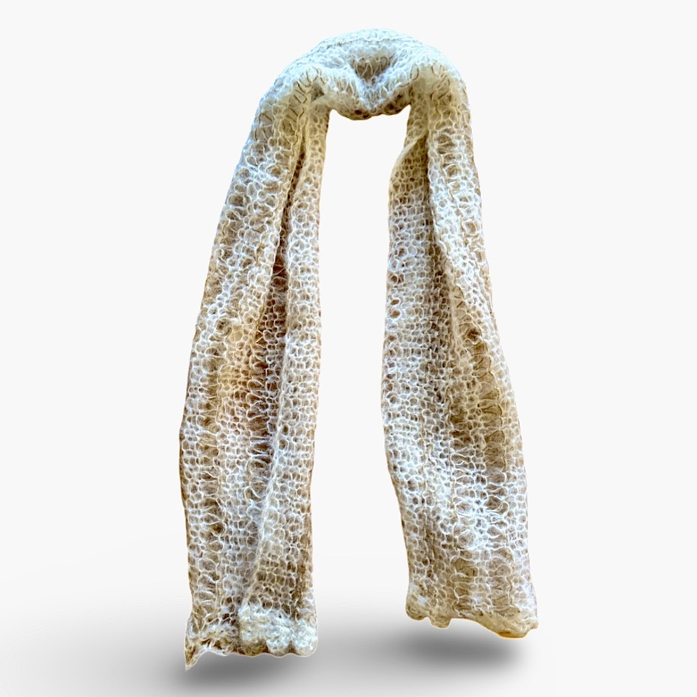 Handmade mohair cream and brown knit long scarf /shawl.